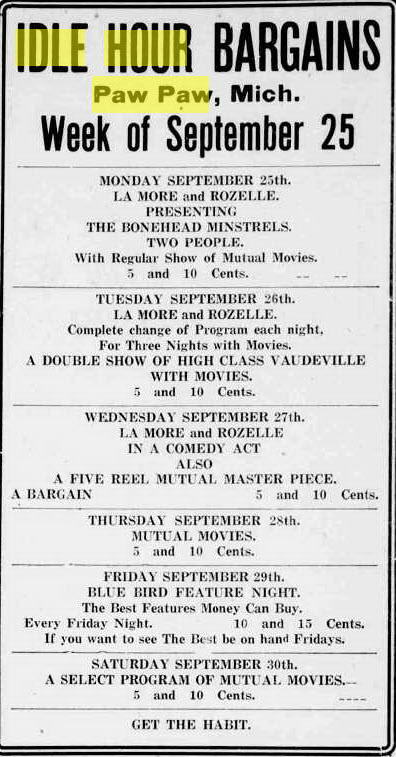 Idle Hour Theater - Sep 22 1916 Ad (newer photo)